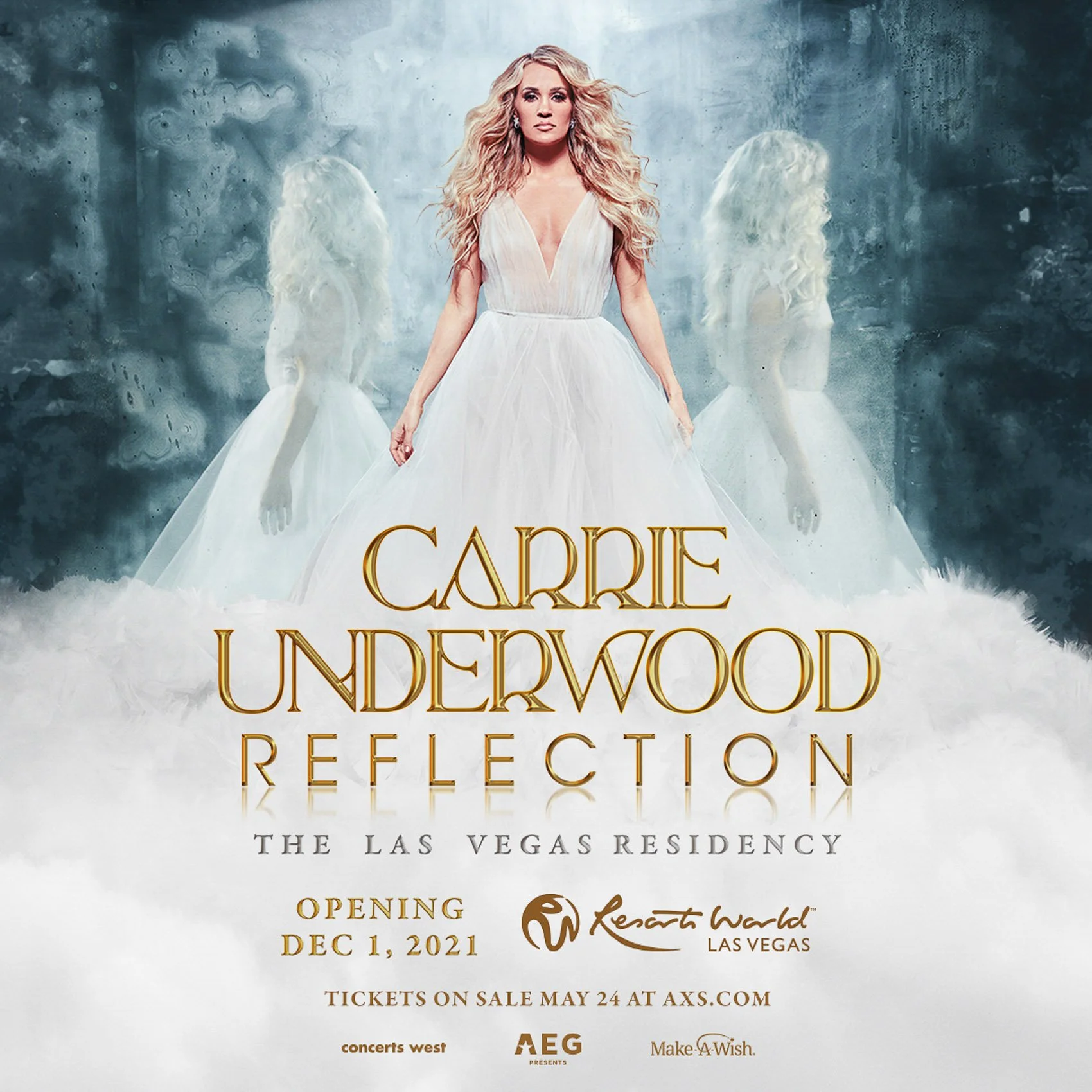 Promotional poster for Carrie Underwood's Underwood Reflection concert residency at Resorts World Las Vegas. Features a woman in a white dress with long, wavy blonde hair, flanked by semi-transparent images of herself. Text indicates June to December