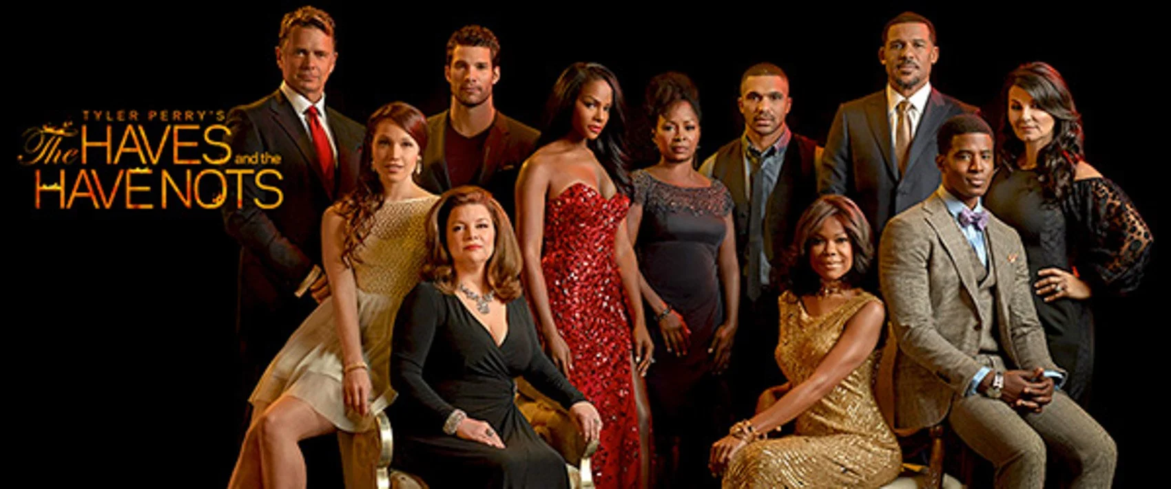 Promotional image for Tyler Perry's "The Have and the Have Nots" showing cast members in formal attire against a black background, with the show's title in orange and yellow text.