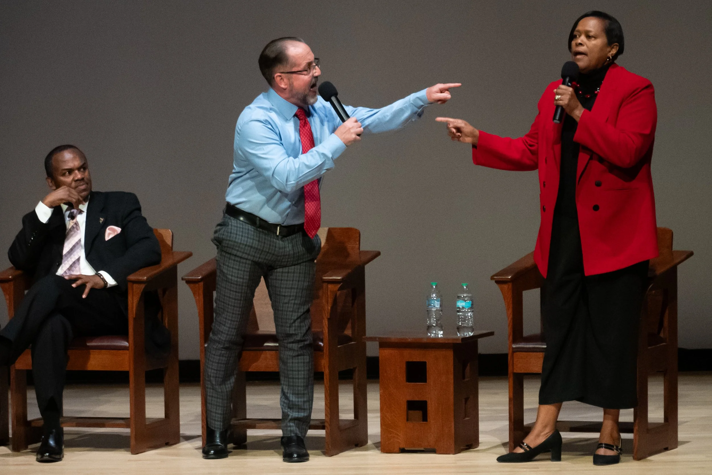 Syracuse mayoral candidates Tom Babilon and Sharon Owens get into a heated debate during the final Central Current Mayoral Forum. October 23 2025, Syracuse NY. 
