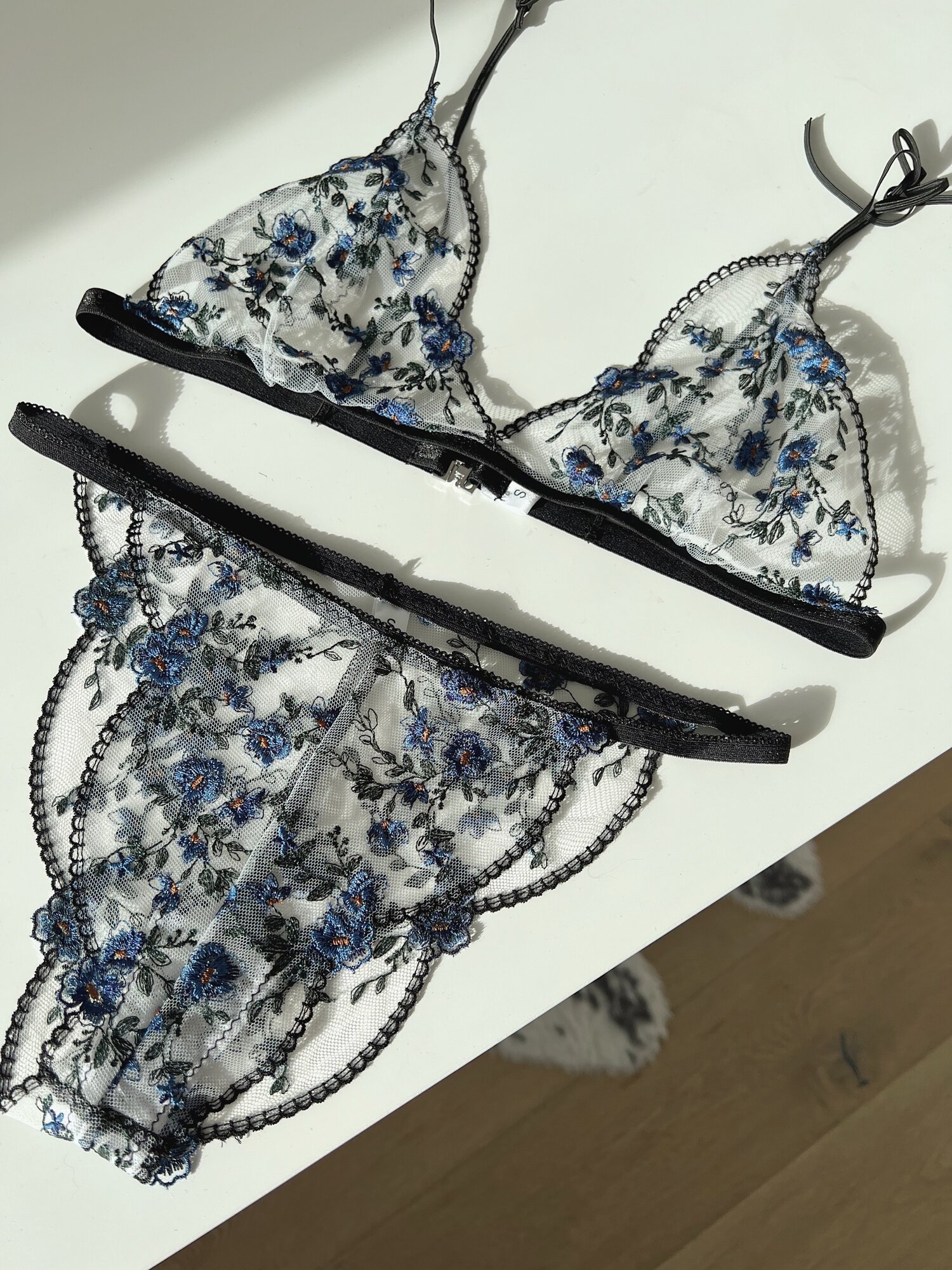 Embroidered Blue Floral Lingerie Set sewn