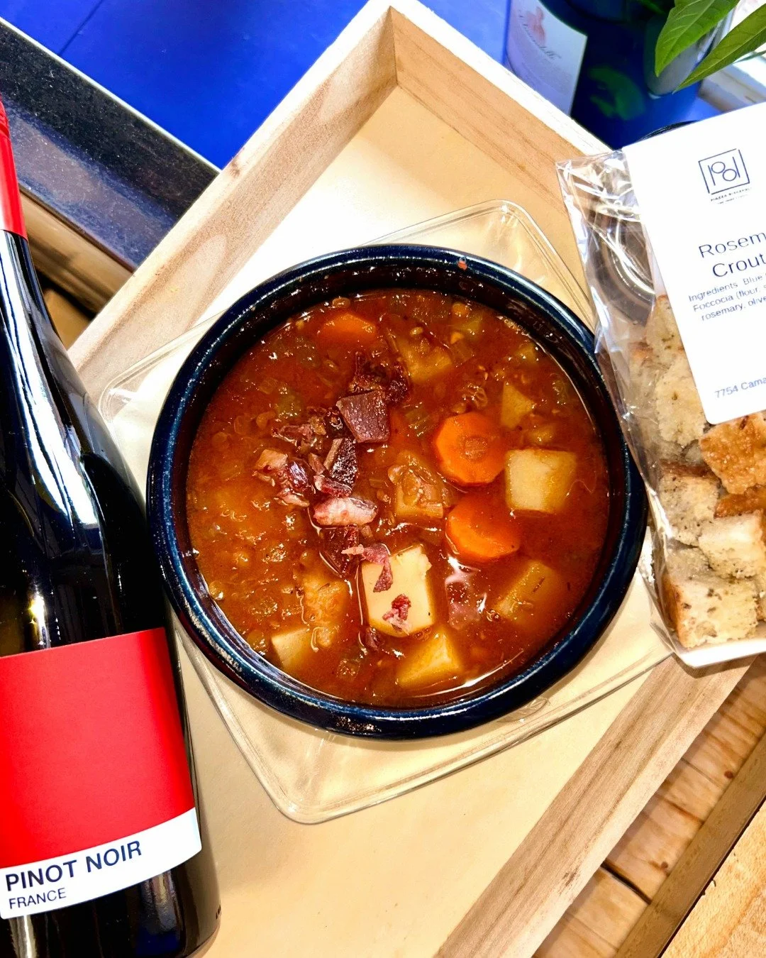 Hearty yet not heavy, this French Lentil Soup is made with tomatoes, green lentils, mirepoix, potatoes, and garlic. It features lovely herbal flavors of rosemary, thyme, and bay. Top all that off with prosciutto bacon? That's what we call a winning c