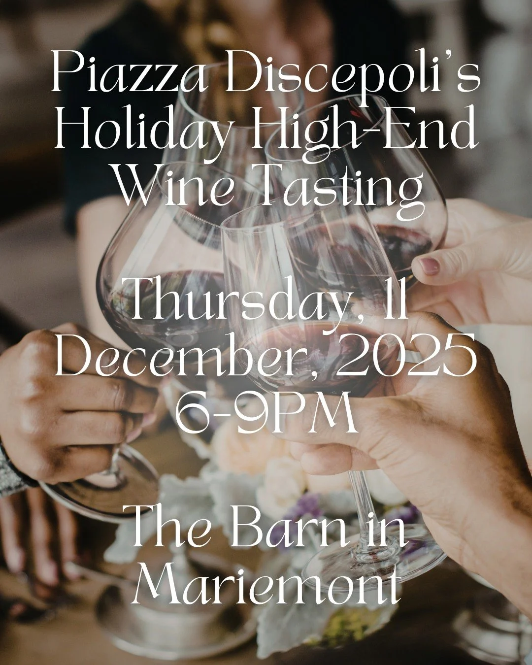 Want to get some holiday shopping done in the best possible way? Join Piazza Discepoli on Thursday, December 11th from 6-9PM at The Barn in Mariemont. Our annual Holiday High-End Wine Tasting provides you the opportunity to sip and savor your way thr