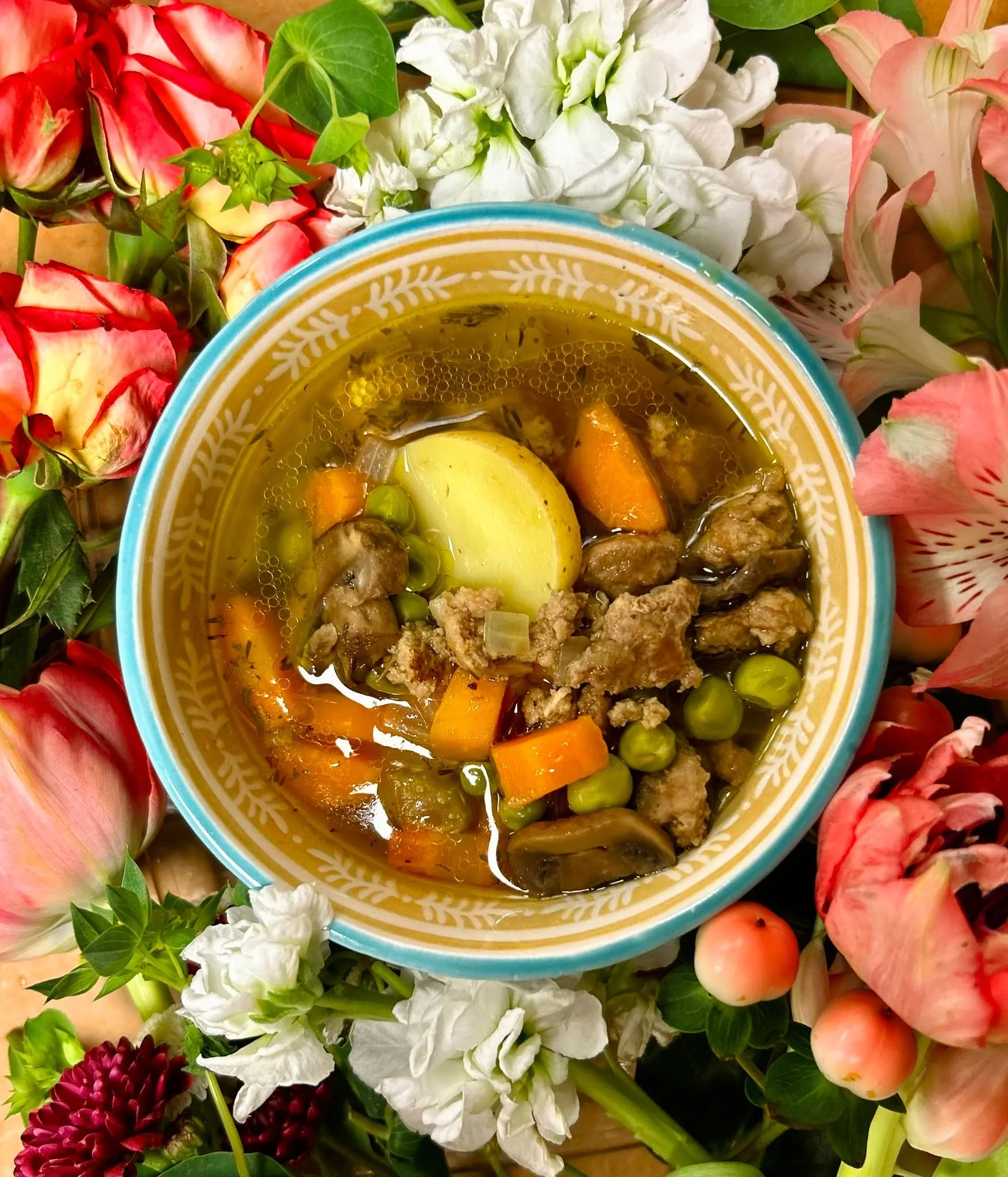 Take a dip into this rich Lamb and New Potato Soup. Deeply comforting and earthy, think rustic shepherd&rsquo;s pie in soup form.

Ground lamb, mushrooms, thyme, peas, and buttery new potatoes simmer together in a delicate vegetable broth for a soup 