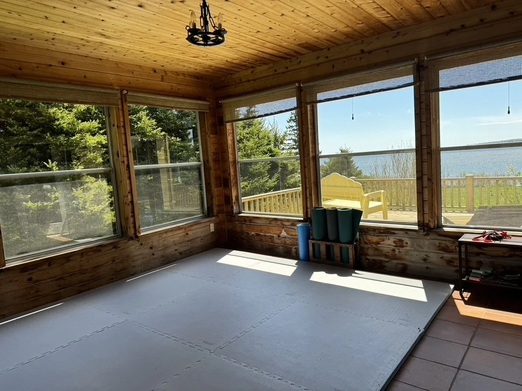 Sun-drenched space for movement, yoga, and a place for kids to play