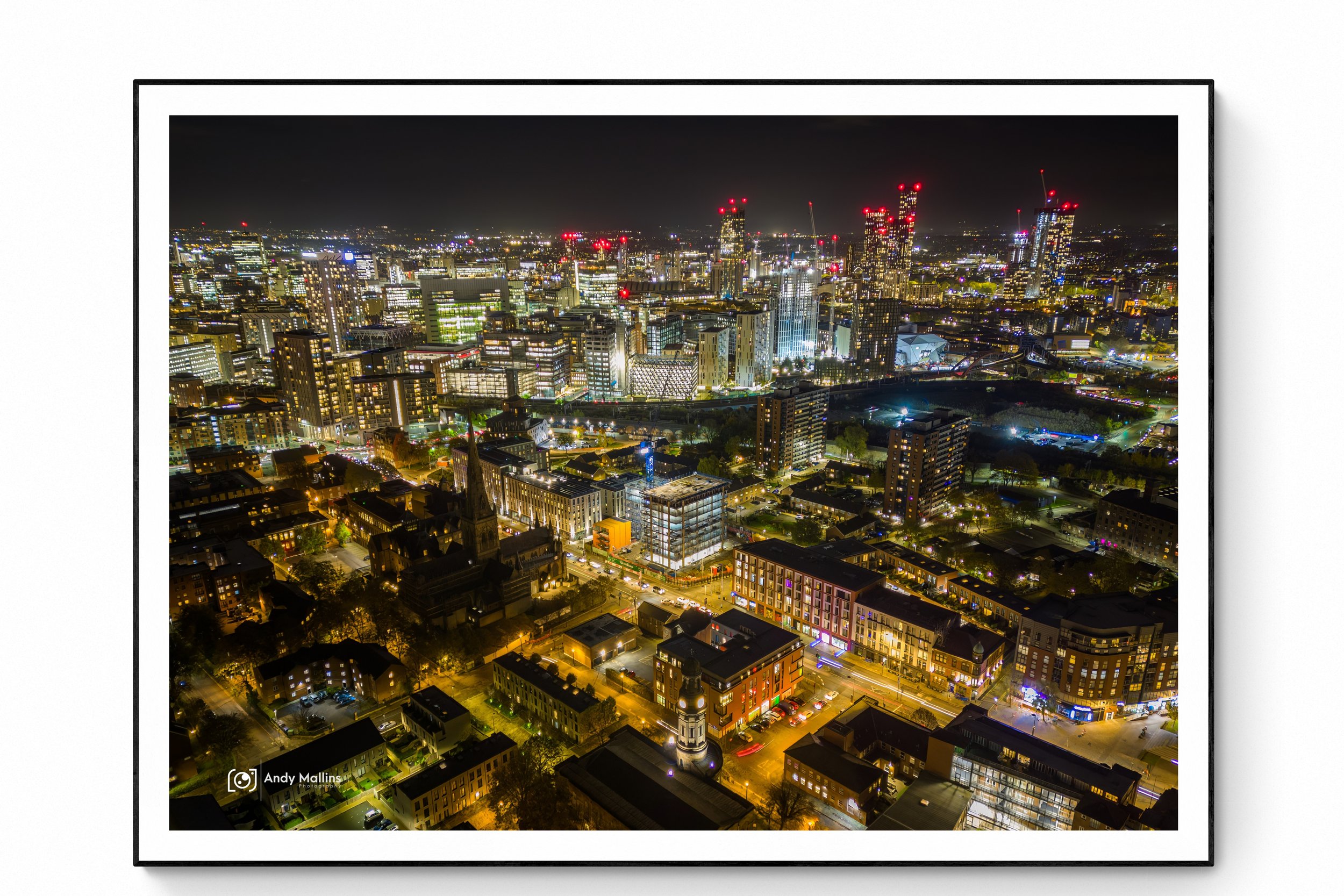 Framed photo showing aerial views from Salford of Deansgate Square and the Manchester Skyline, by Andy Mallins Photography.