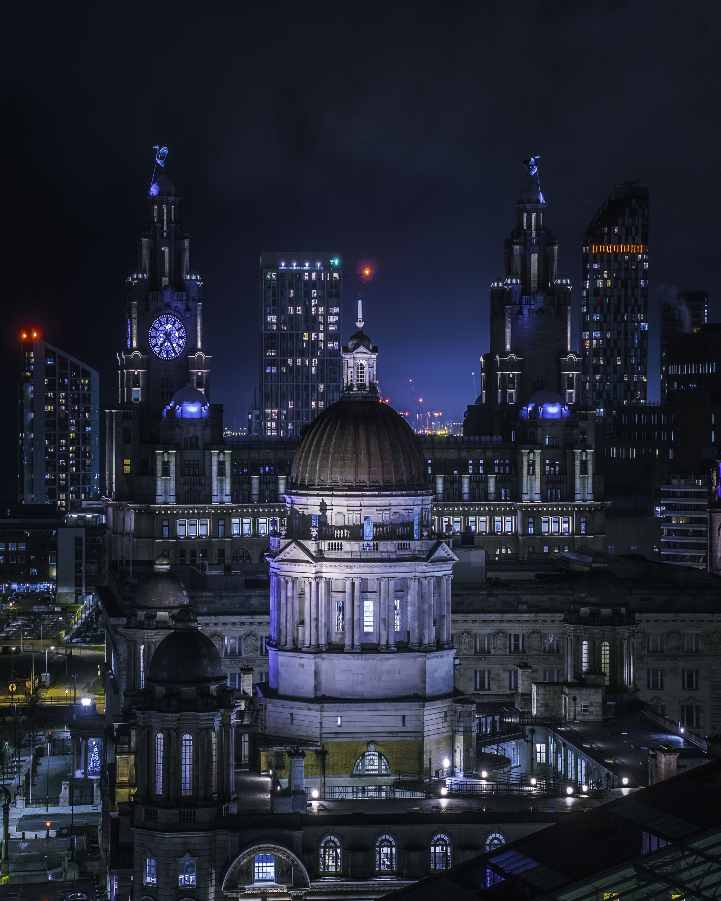 An aerial photograph of The Three Graces in Liverpool from a side on angle.