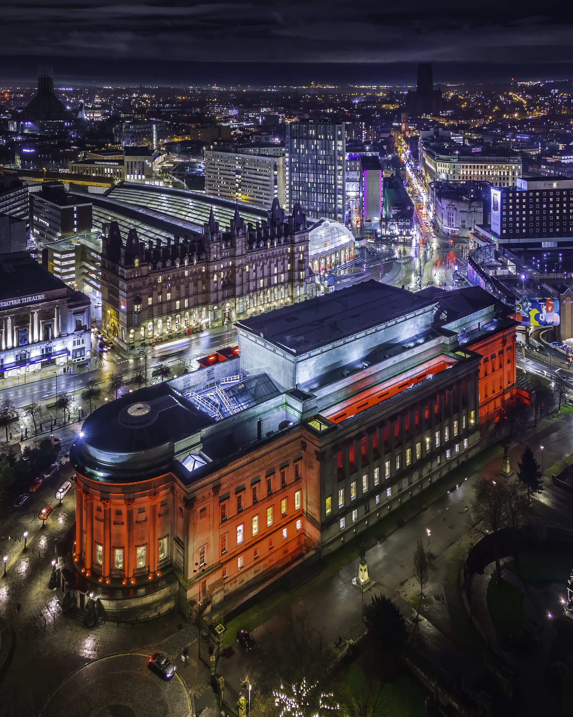 An aerial photograph of St George's Hall in Liverpool lit up red for the Lunar New Year