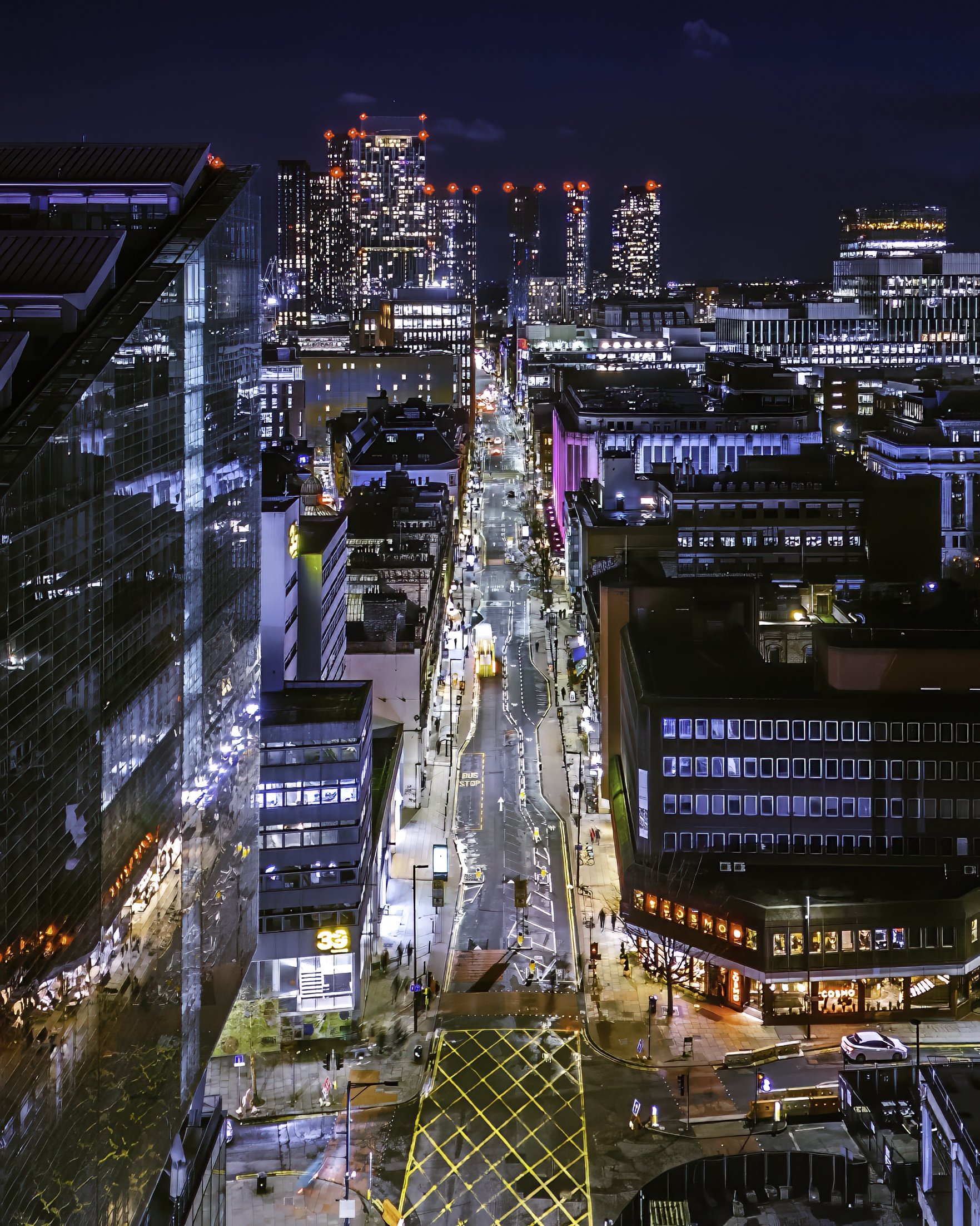 An aerial photograph of Deansgate as seen from No. 1 Deansgate in Manchester