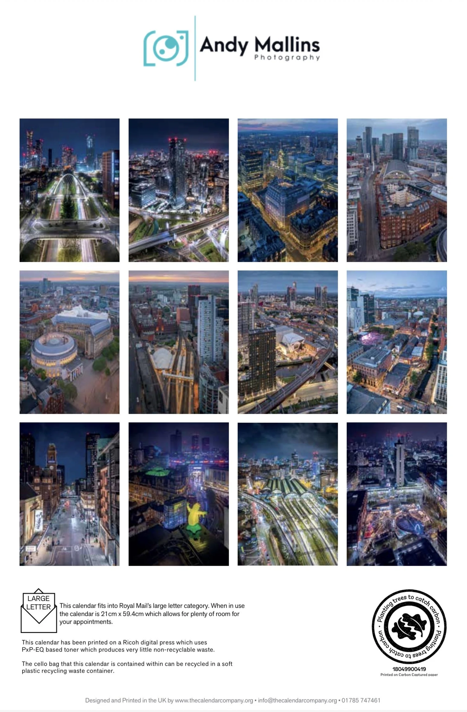 An image of the back of the 2026 Manchester Calendar featuring Andy Mallins stunning aerial photography.