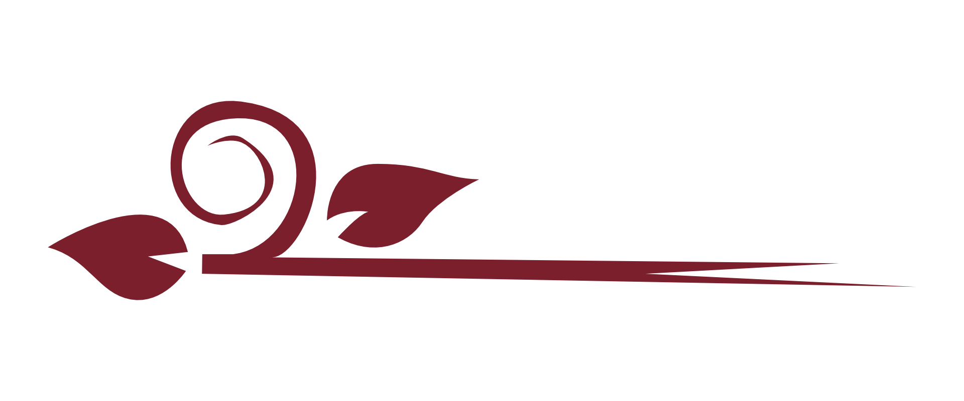 A stylized rose with a spiral at the center, a leaf, and a long, thin stem in dark red color.