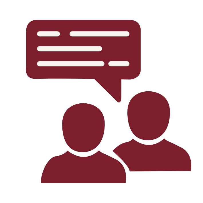 Icon of two people having a conversation with a speech bubble above them.