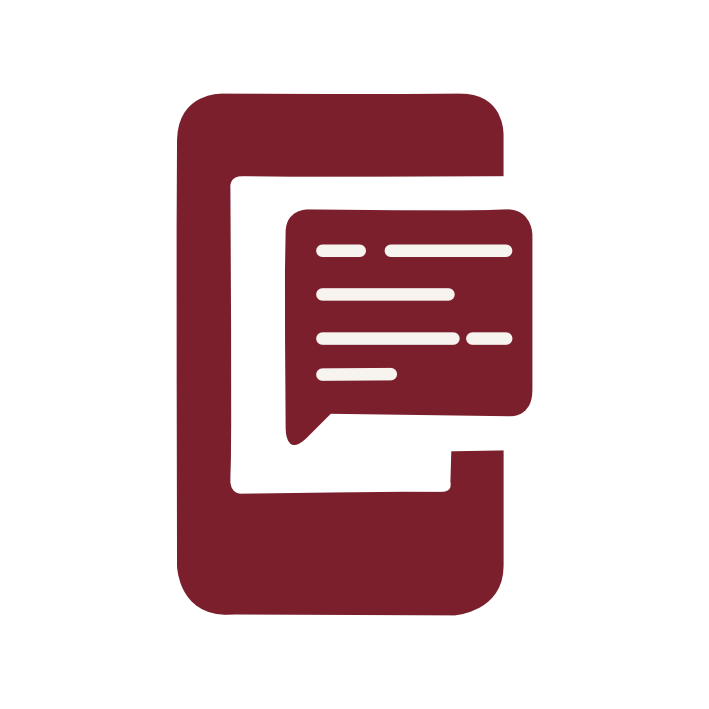 Icon of a smartphone with a speech bubble containing lines representing text, in maroon color.