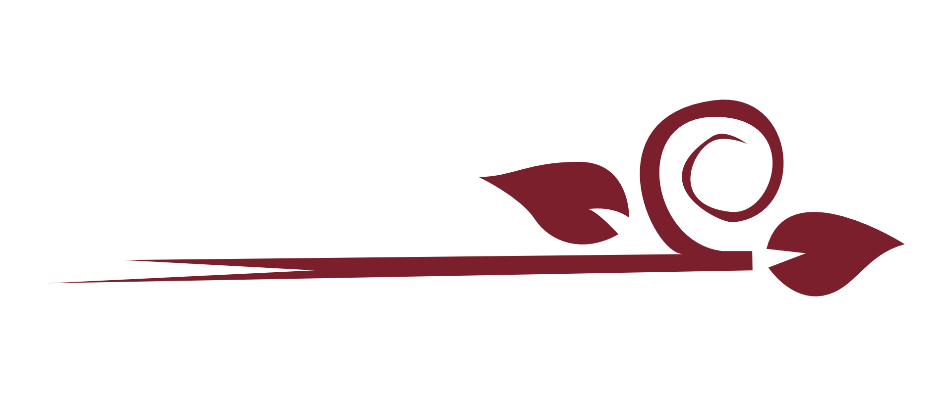 A stylized maroon arrow with a spiral and leaf design.