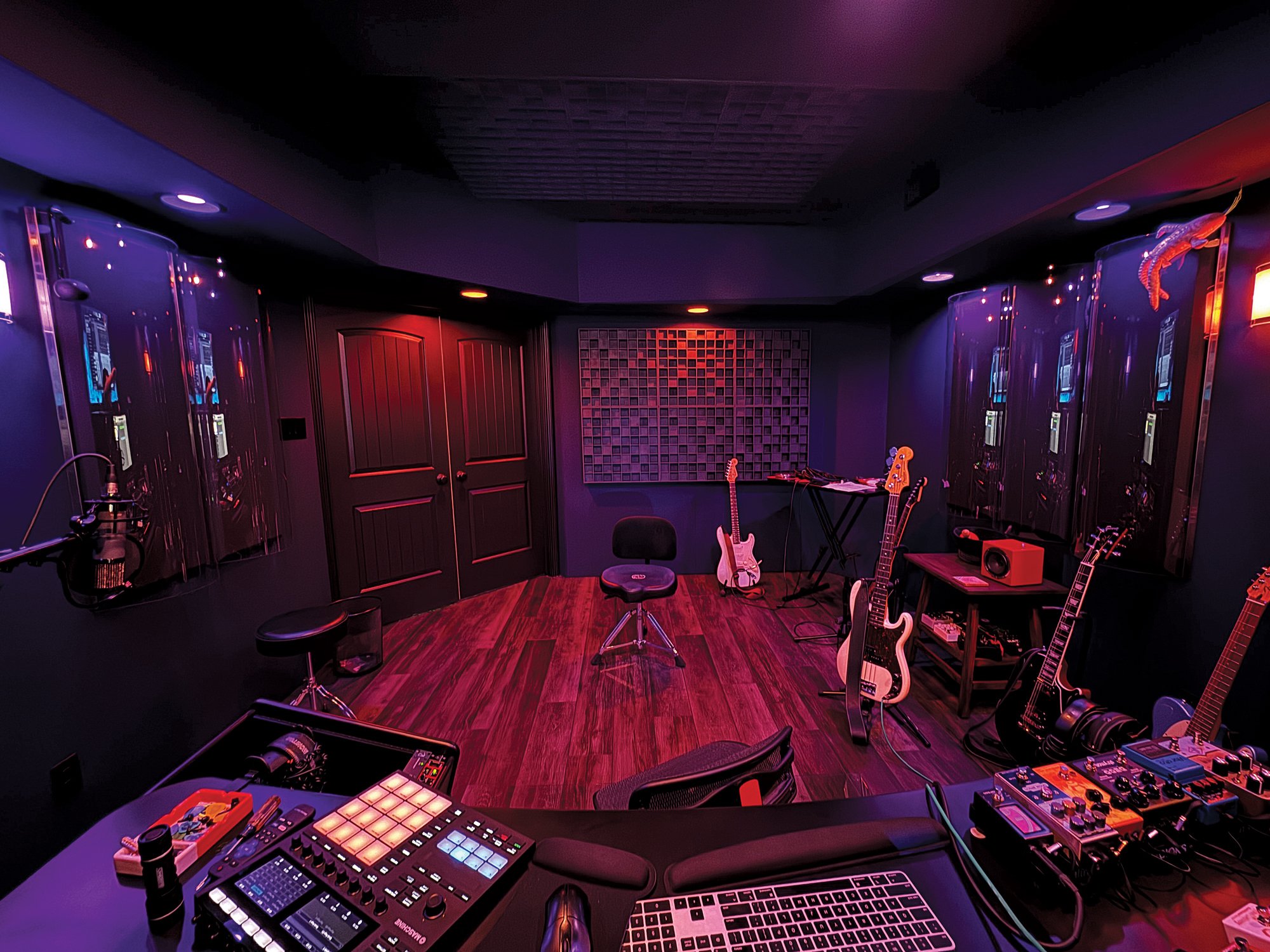 Stretched-Fabric Walls over Acoustic Treatment with Wall- & Ceiling-Mounted Diffusers