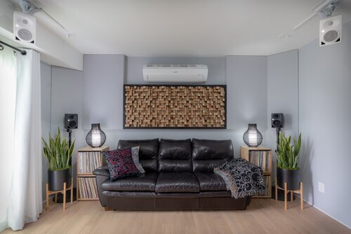 Stretched-Fabric Walls over Acoustic Treatment with Wall- & Ceiling-Mounted Diffusers