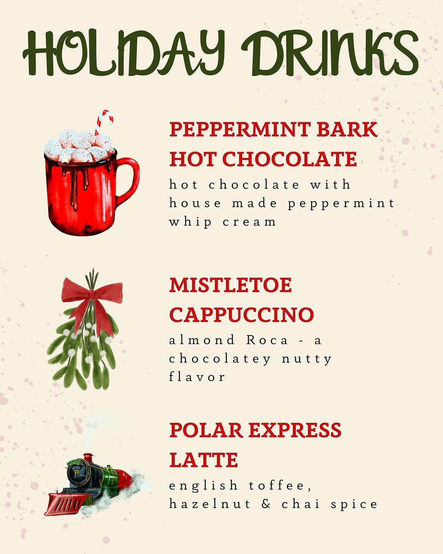 Tis the season for another round of drink specials! Come try our three new holiday drinks if you&rsquo;re feeling festive or need a warm drink to beat the cold❄️