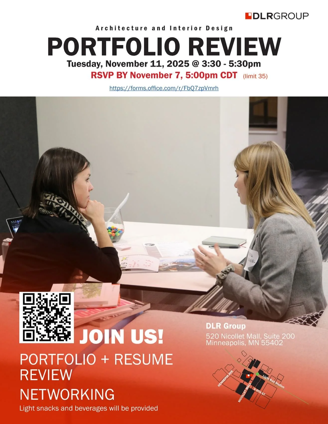 DLR group has invited students to attend their portfolio review night on November 11th! This is a great opportunity for students to network with professionals and hear feedback on their resume and portfolio. 
The link to RSVP is in our LinkTree, ple