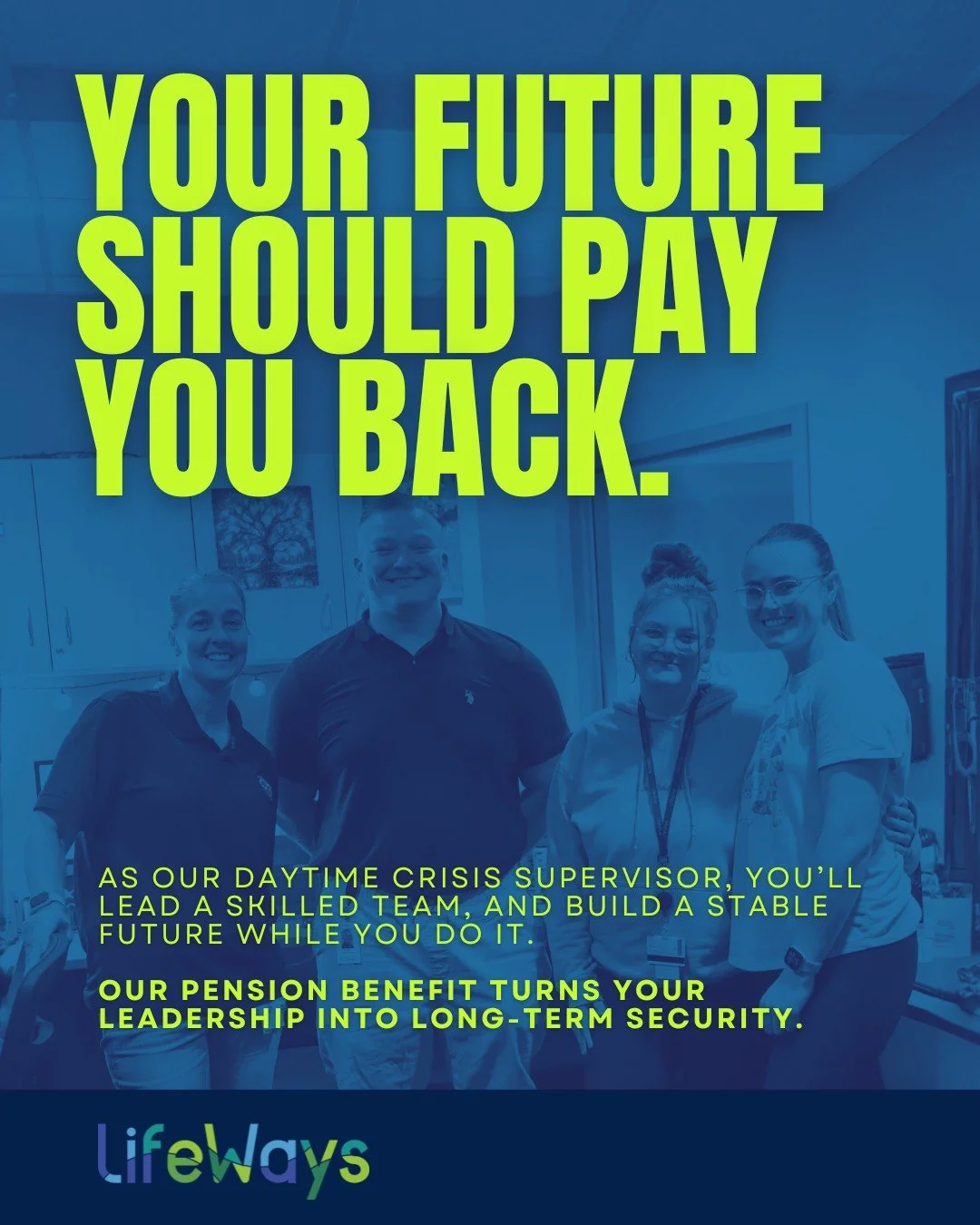 Lead a team &bull; Shape crisis care &bull; Build your future
Our pension makes this leadership role one of the most stable in community mental health. Learn more about our Daytime Crisis Supervisor role and the benefits that go along with it by clic