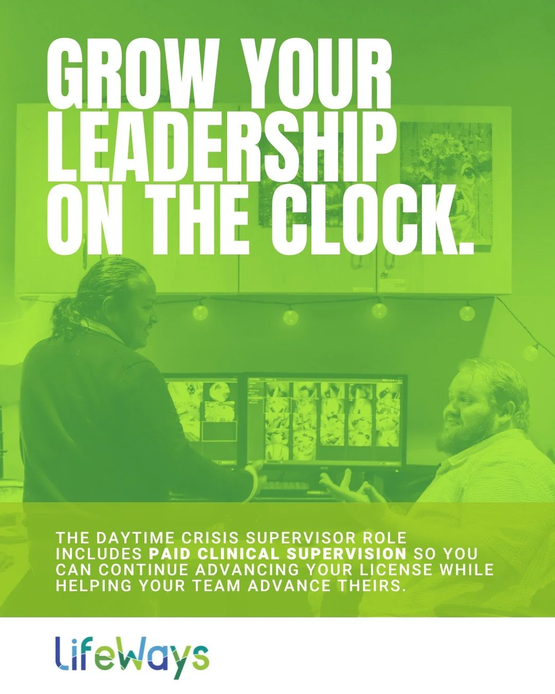 You don&rsquo;t stop growing just because you&rsquo;re leading.
This role invests in your clinical future &mdash; without adding to your workload or your debt. Learn more about our Daytime Crisis Supervisor role and the benefits that go along with it
