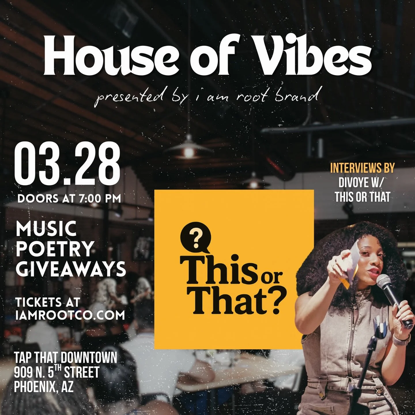 Tonight!
@thisorthat.365 interviews by @divoyeinc 
Your first drink is on us! 🍻

📍 @tapthatdowntown 
#goodevents #houseofvibesphx