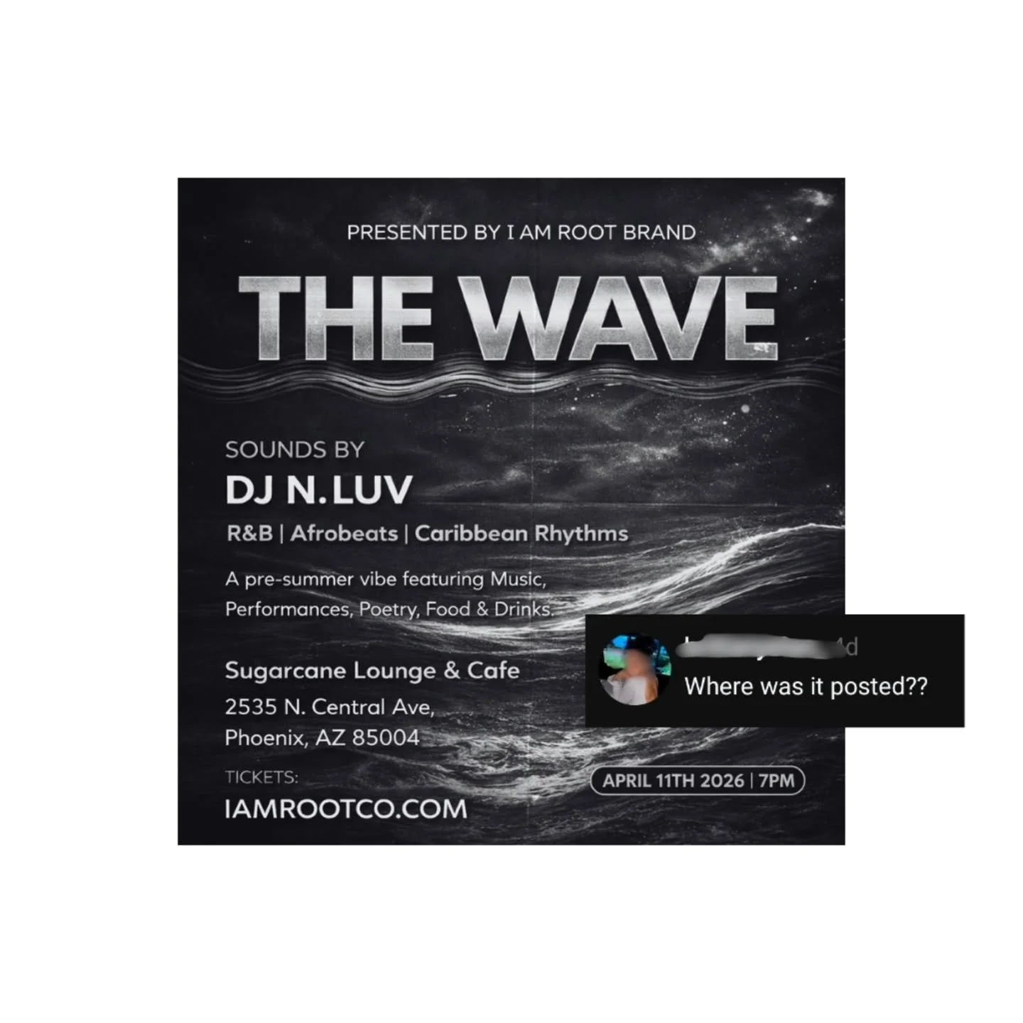 Posting here so you can't say "where was this posted at?" When you see the recap 🌊🌴

R&amp;B | Afrobeats | Caribbean Rhythms 

Sounds by DJ N. LUV 🇯🇲
Hosted by VI Los 🇻🇮

Performances, Music, Drinks &amp; Food! See you soon?

🎟 iamro