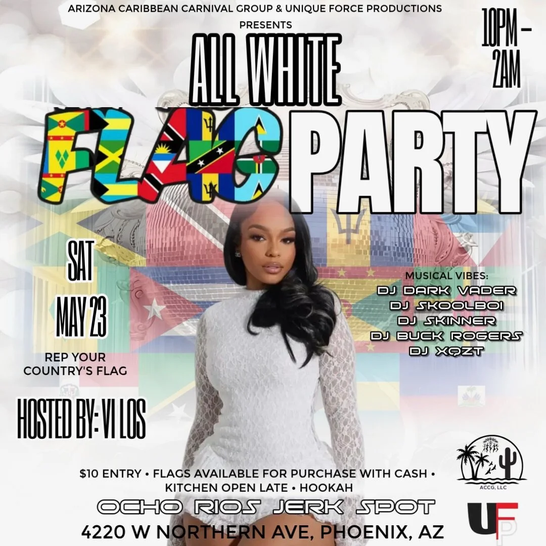 Link up 🔥🔥🔥

&ldquo;All White&rdquo; Flag Party at @ochoriosjerkspot 
Saturday, May 23rd | 10pm-2am ‼️

🎤 | Hosted by @vi6los 🇻🇮
💿 | Sounds by @djdarkvader @djbuckrodgers @_djxqzt_ @djskoolboi @ygsdjskinner @phxdjshadow 

🇯🇲🇧🇿🇭🇹🇩🇴🇩🇲?