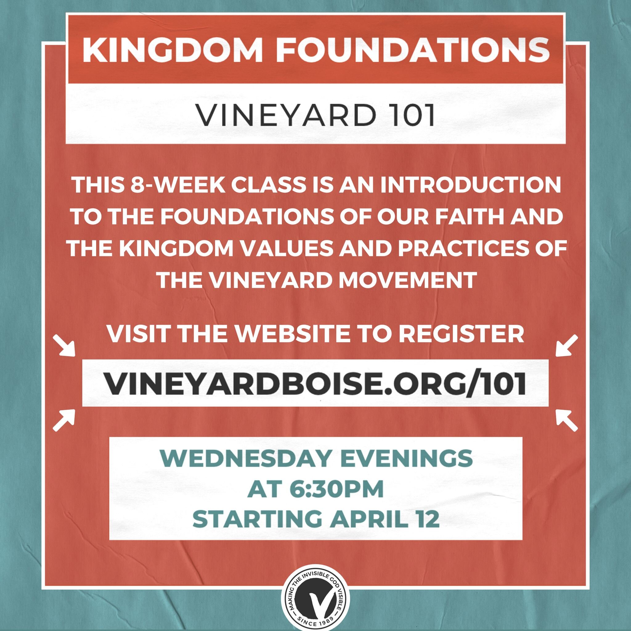 Our introductory class to who we are in the Vineyard starts tomorrow, April 12th! If you're new or just interested in what we are all about as a church, this class is for you.

Everyone is welcome, it's free and it's an excellent way to get connected