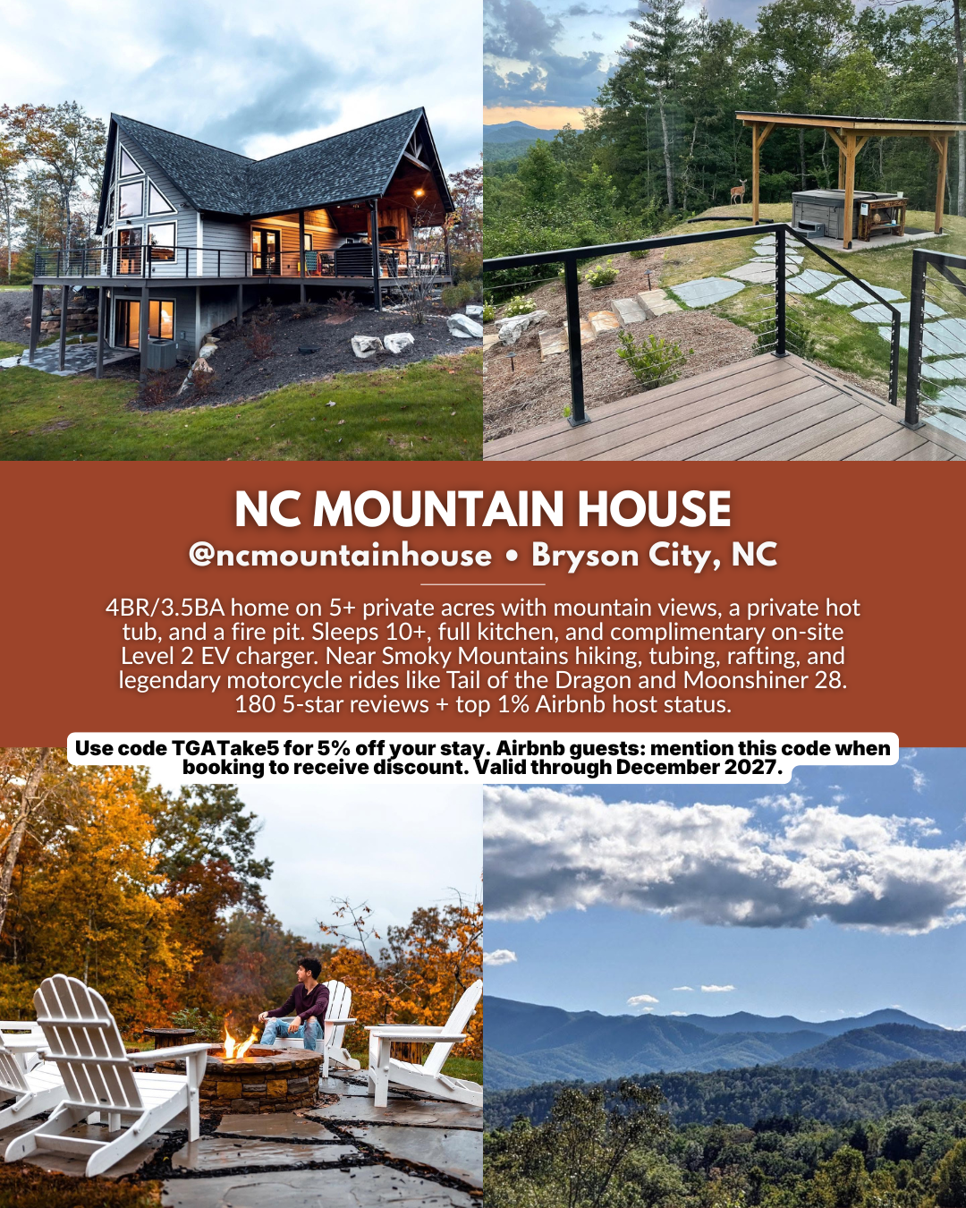 Four-bedroom Smoky Mountains vacation rental with mountain views, private hot tub, and fire pit
