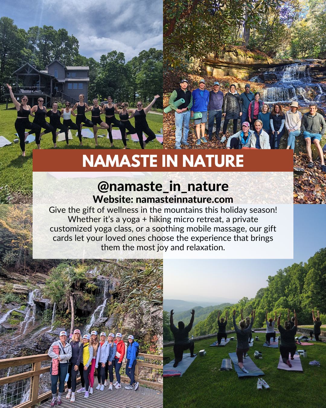 Namaste in Nature Asheville offering yoga and meditation micro retreats, private yoga, mobile massage, and holiday wellness gift cards.