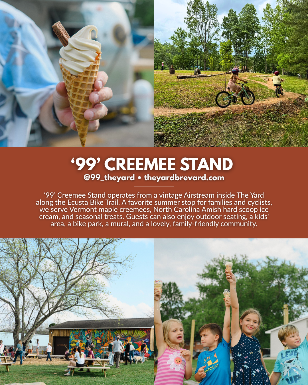 99 Creemee Stand in Brevard NC at The Yard along the Ecusta Bike Trail, serving Vermont maple creemees, hard scoop ice cream, seasonal treats, and family-friendly outdoor activities.