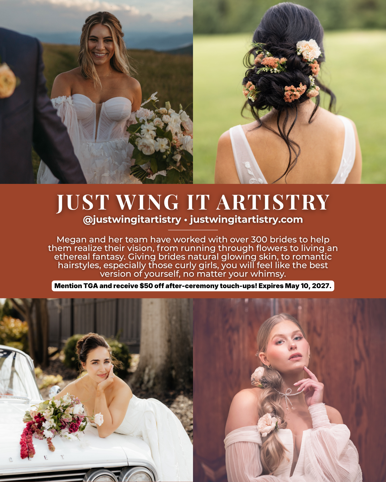 Just Wing It Artistry, an Asheville bridal hair and makeup team specializing in natural glowing skin, romantic hairstyles, and wedding beauty services for brides in Western North Carolina.