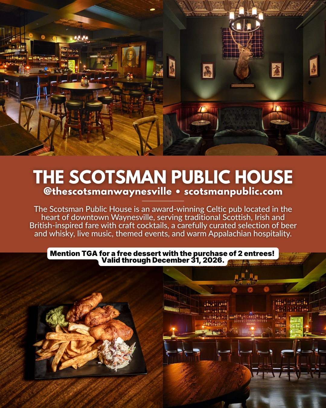 The Scotsman Public House in downtown Waynesville, NC, featuring its Celtic pub interior, British-inspired food, bar and lounge.