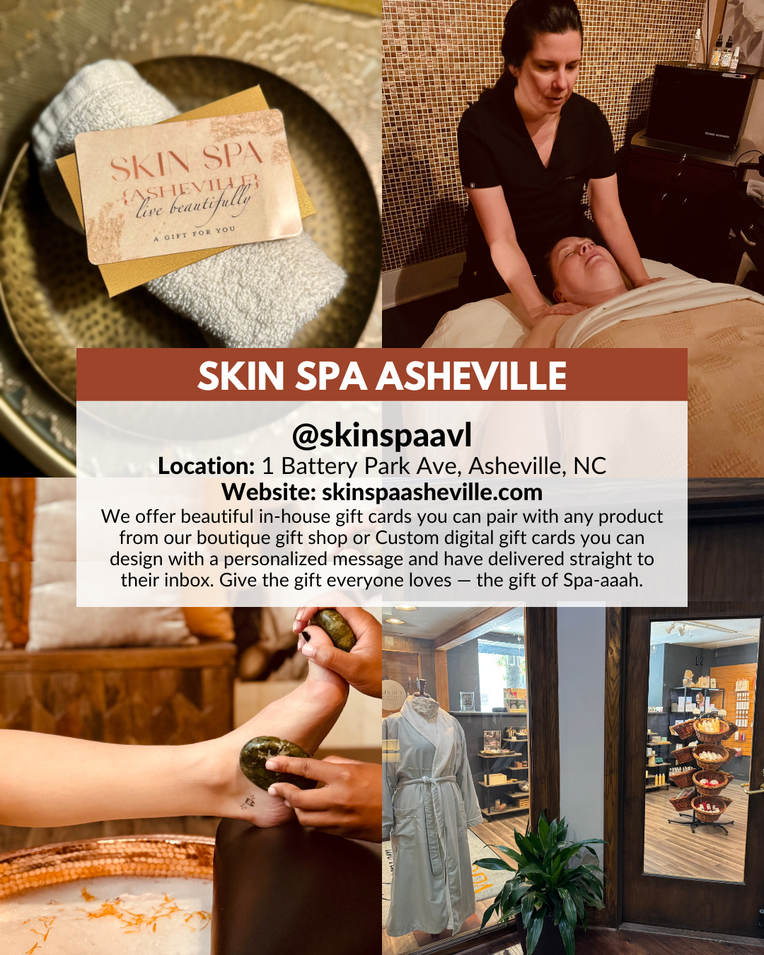 Skin Spa Asheville offering massages, facials, and foot soak experiences with holiday spa gift cards.