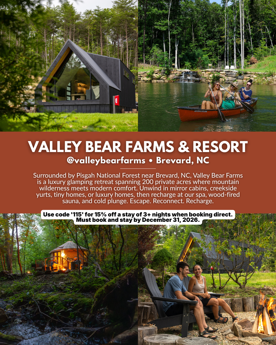 Luxury glamping retreat at Valley Bear Farms near Pisgah National Forest and Brevard, North Carolina