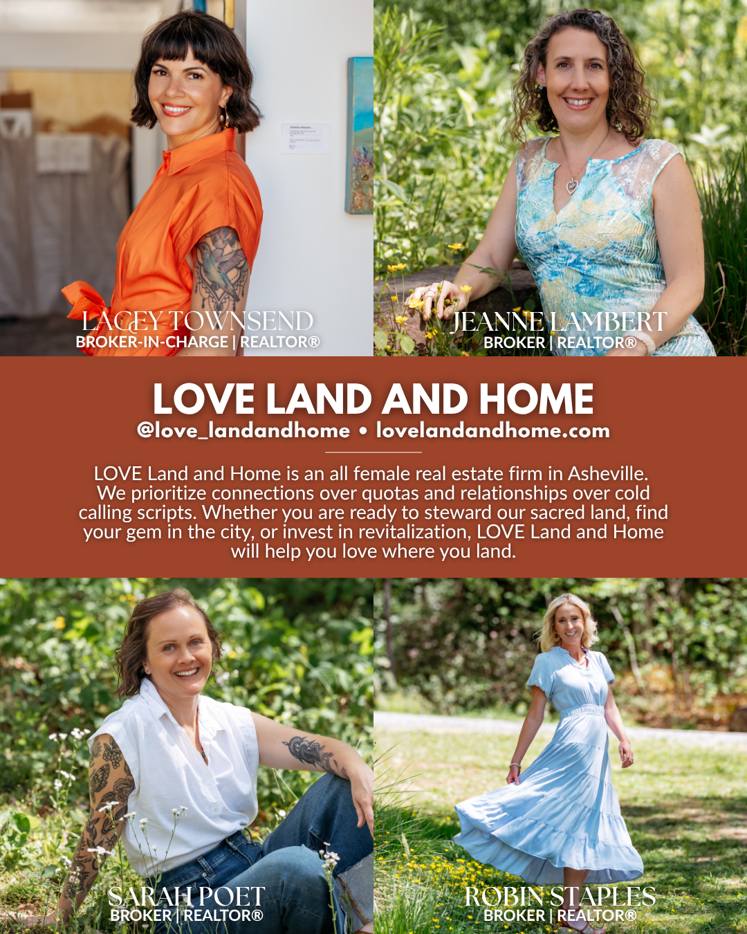 LOVE Land and Home real estate firm in Asheville, NC, featuring Realtors Lacey Townsend, Jeanne Lambert, Sarah Poet, and Robin Staples.