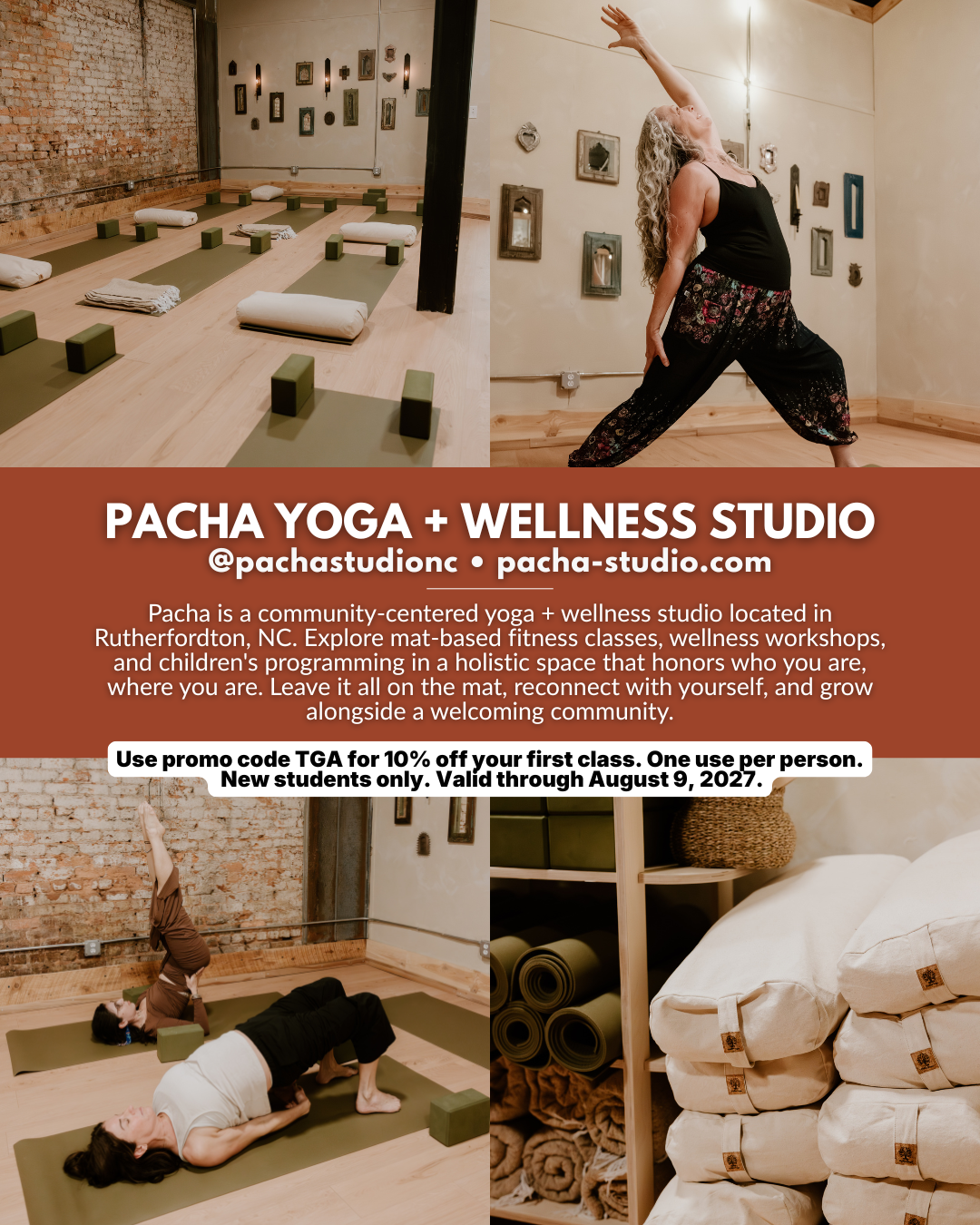 Pacha Yoga + Wellness Studio in Rutherfordton NC offering yoga, mat-based fitness classes, wellness workshops, and children’s programming.