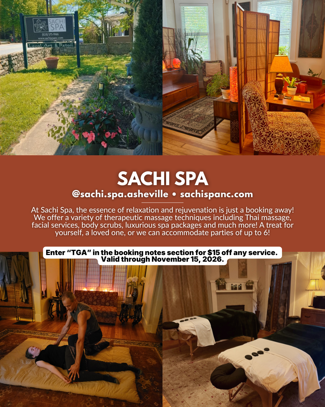 Sachi Spa, an Asheville NC spa offering therapeutic massage, Thai massage, facials, body scrubs, spa packages, and group spa services.