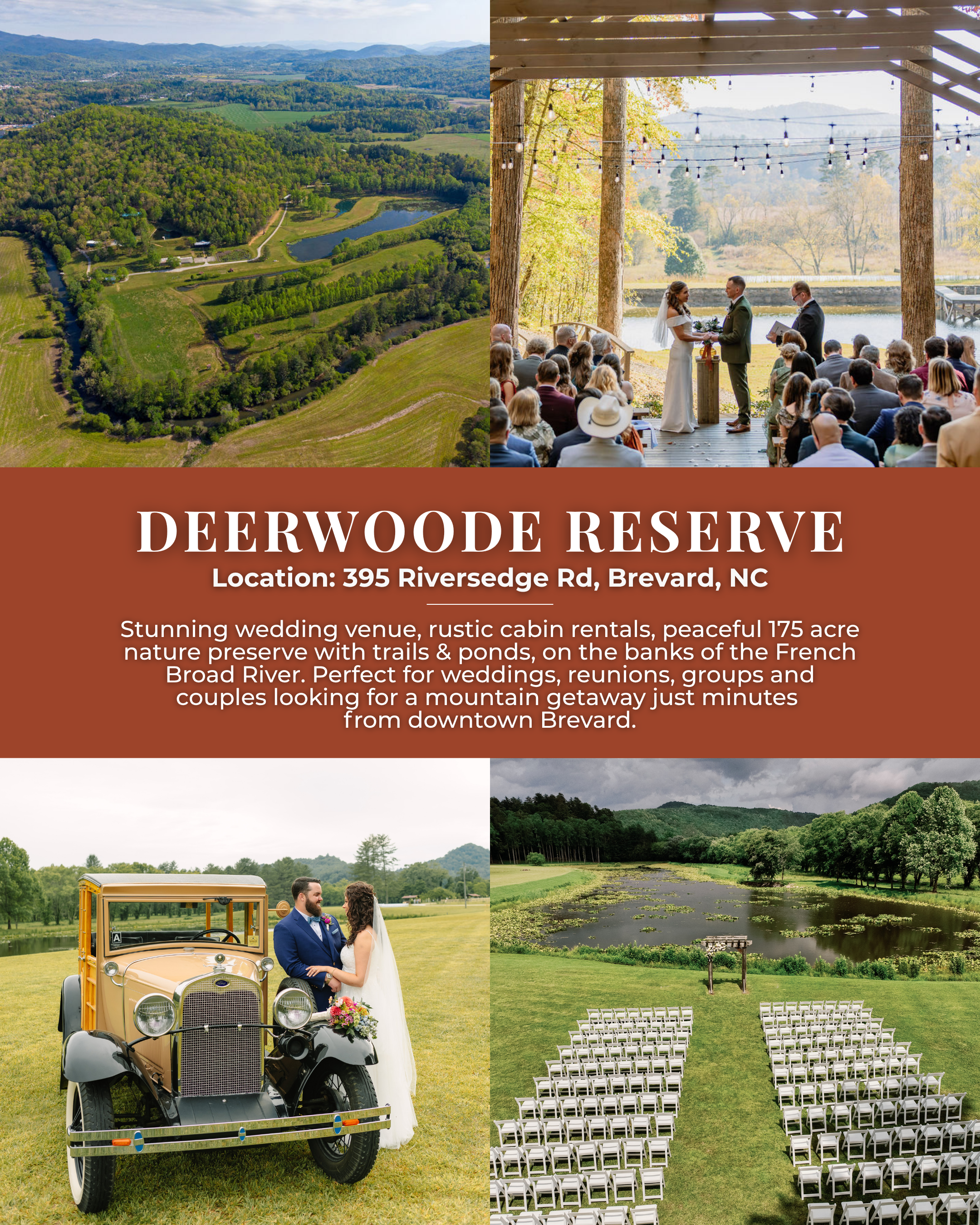 Deerwoode Reserve wedding venue in Brevard North Carolina featuring a scenic mountain setting, outdoor ceremony space by the French Broad River, and nature preserve views