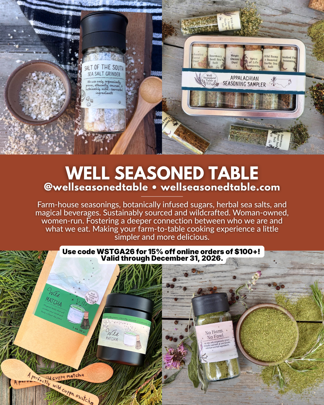 Well Seasoned Table offering Appalachian seasonings, herbal sea salts, infused sugars, and farm-to-table pantry goods in Western North Carolina.