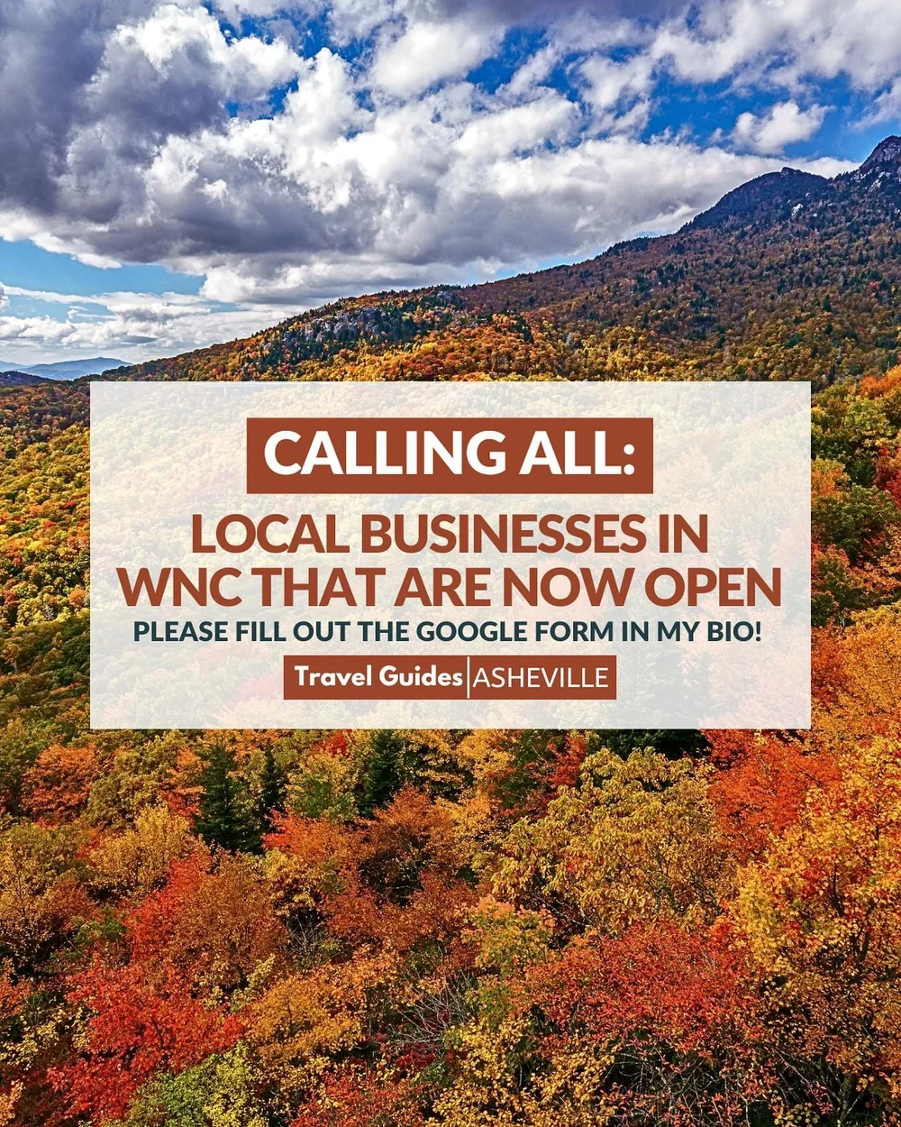 Calling all Local Businesses that are OPEN across WNC!

If you are a local restaurant, coffee shop, service-based or merchandise-based business that has been affected by Hurricane Helene and you are now OPEN (whether you&rsquo;re open to tourists or 