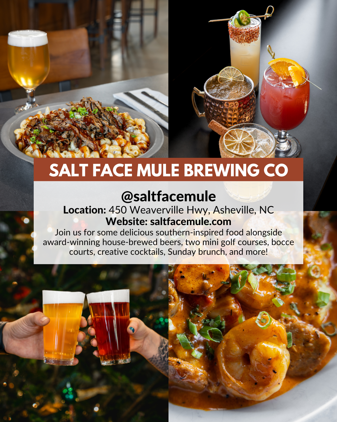 Salt Face Mule Brewing Co. in Asheville offering southern-inspired food, house-brewed beer, mini golf, bocce, and holiday gift cards.