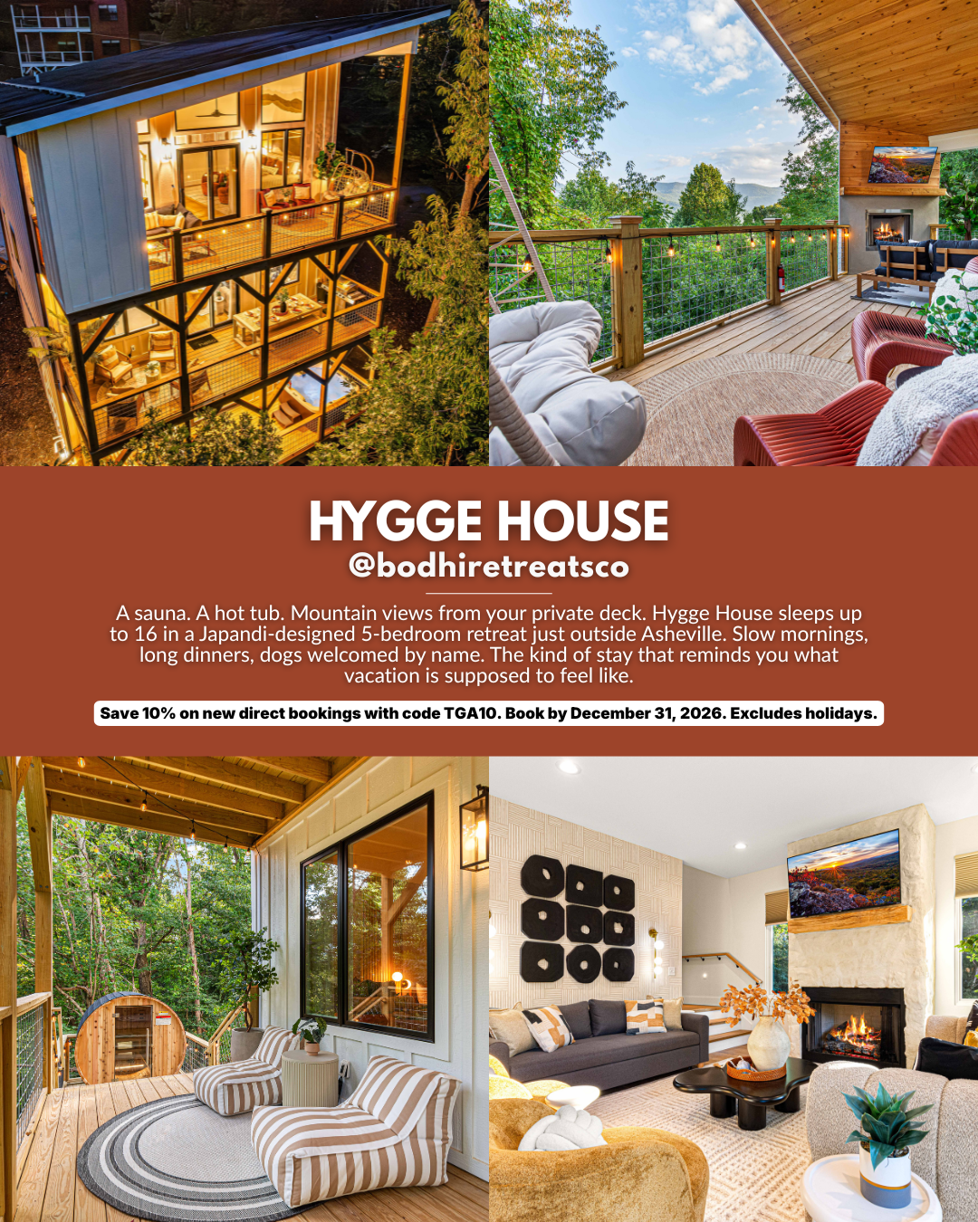Hygge House near Asheville and the Blue Ridge Parkway with mountain views, wellness deck, sauna, and hot tub, featured in the 2026 Travel Guides Asheville luxury Airbnbs and vacation rentals guide.