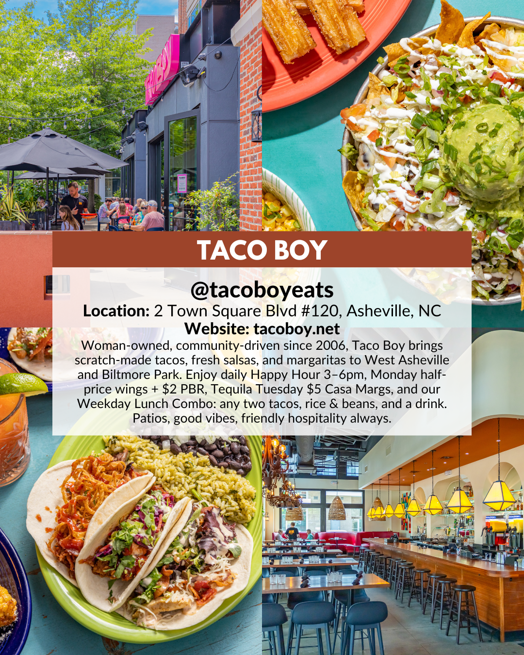 Taco Boy, a woman-owned Asheville restaurant serving scratch-made tacos, fresh salsas, margaritas, and holiday gift cards.