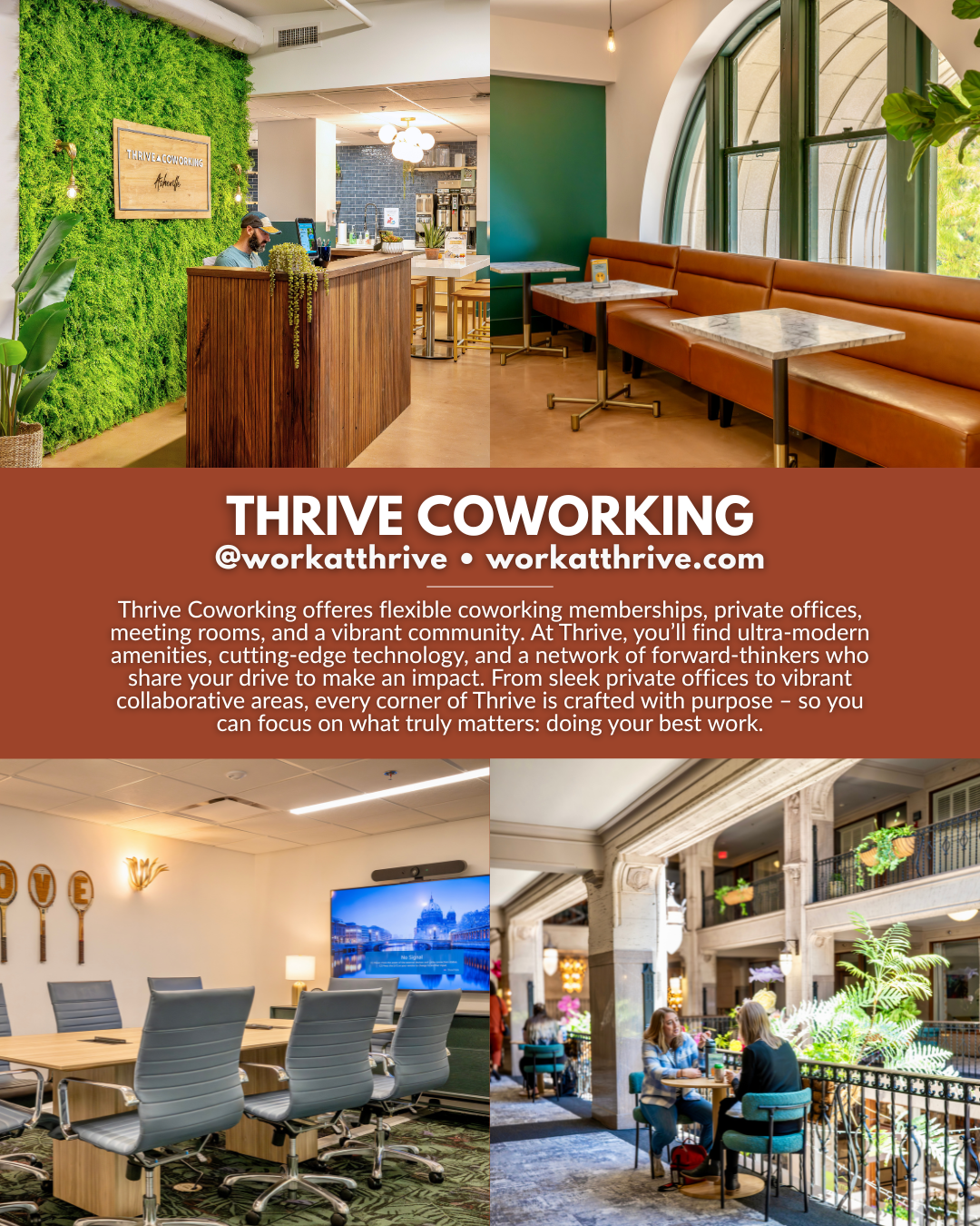 Thrive Coworking in Asheville, NC offering flexible coworking memberships, private offices, meeting rooms, modern amenities, collaborative workspaces, and professional office space in Western North Carolina.