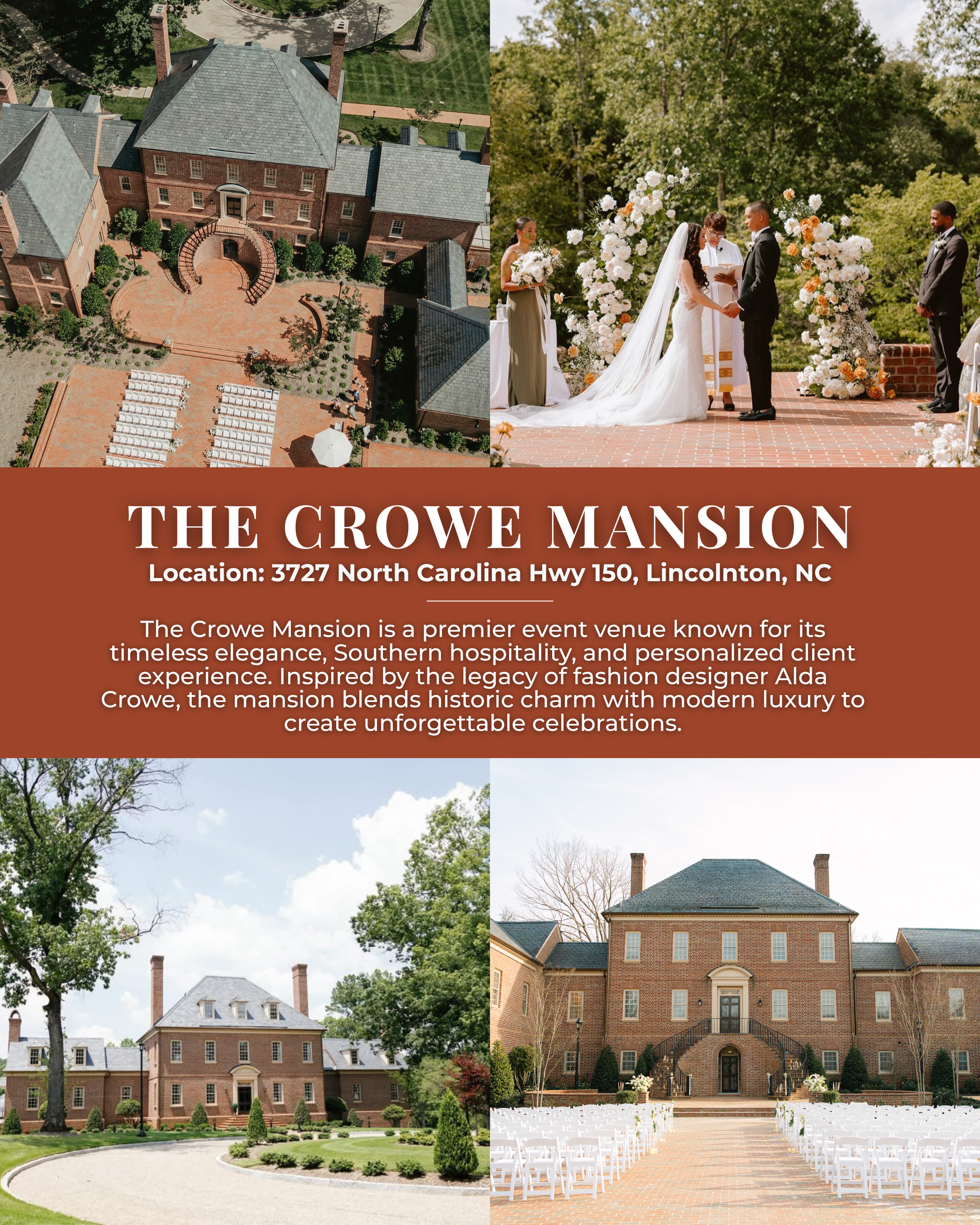 The Crowe Mansion wedding venue in Lincolnton North Carolina featuring a historic estate setting, luxury outdoor ceremony space, and elegant mansion wedding backdrop