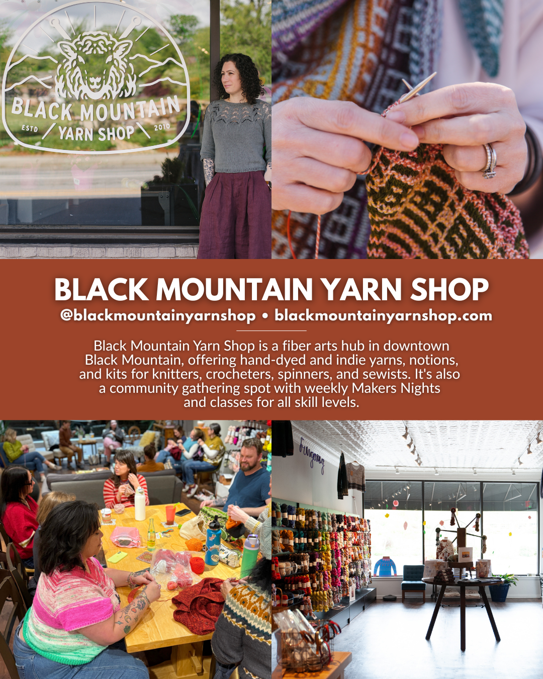 Black Mountain Yarn Shop in Black Mountain, NC offering hand-dyed yarn, indie yarns, knitting and crochet supplies, fiber arts classes, Makers Nights, notions, and kits in Western North Carolina.
