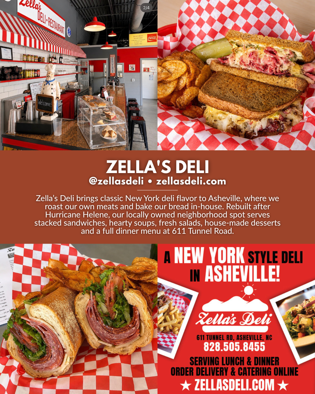Zella’s Deli in Asheville, NC serving New York-style deli sandwiches, house-roasted meats, fresh-baked bread, soups, salads, desserts, lunch, dinner, delivery, and catering on Tunnel Road.