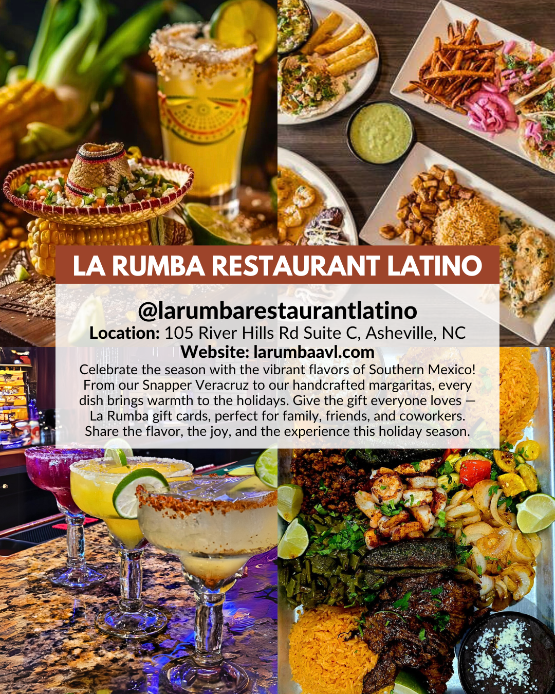La Rumba Restaurant Latino in Asheville serving Veracruz-inspired Mexican cuisine, handcrafted margaritas, and holiday gift cards.