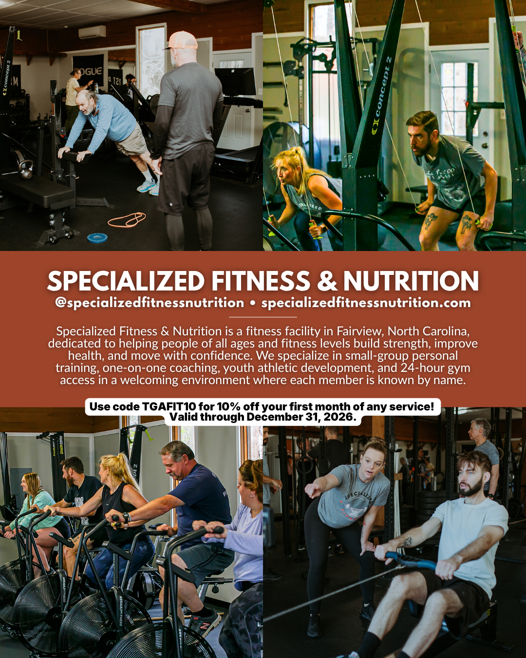 Specialized Fitness & Nutrition in Fairview, NC offering personal training, small group fitness classes, nutrition coaching, youth athletic development, and 24-hour gym access in Western North Carolina.