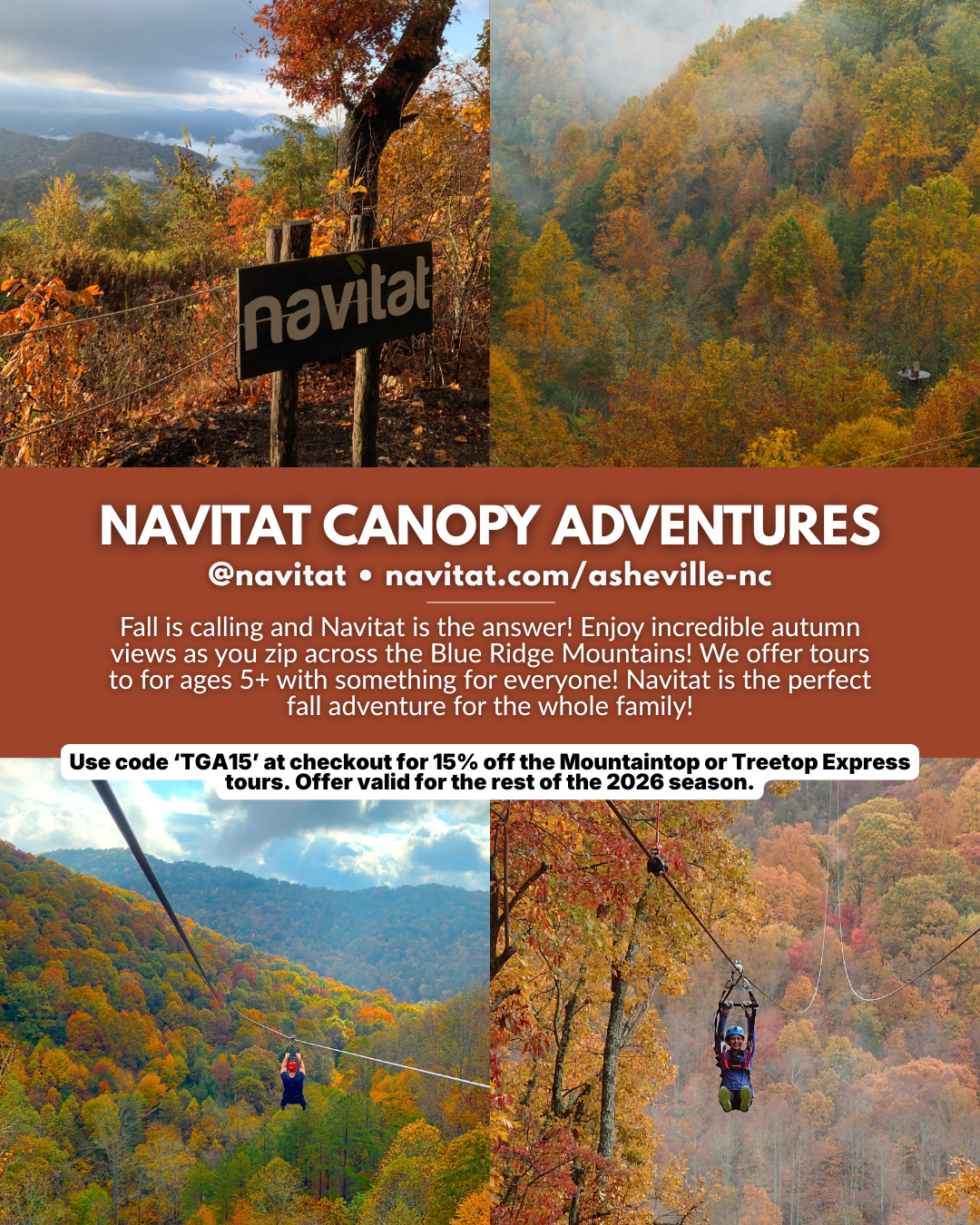 Ziplining at Navitat Canopy Adventures near Asheville, North Carolina in the Blue Ridge Mountains during fall